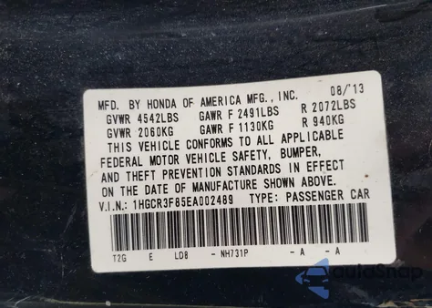 2014 Honda Accord Ex-L V-6 from USA, damaged, VIN 1HGCR3F85EA002489